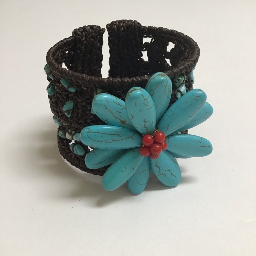Turquoise Look Cuff Bracelet Handmade Daisy Flower Macrame Boho Chunky NEW